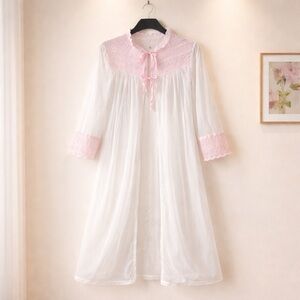 VTG Sears Lace Sheer‎ Robe Pastel Pink Made in USA Coquette Small Bridal Fairy